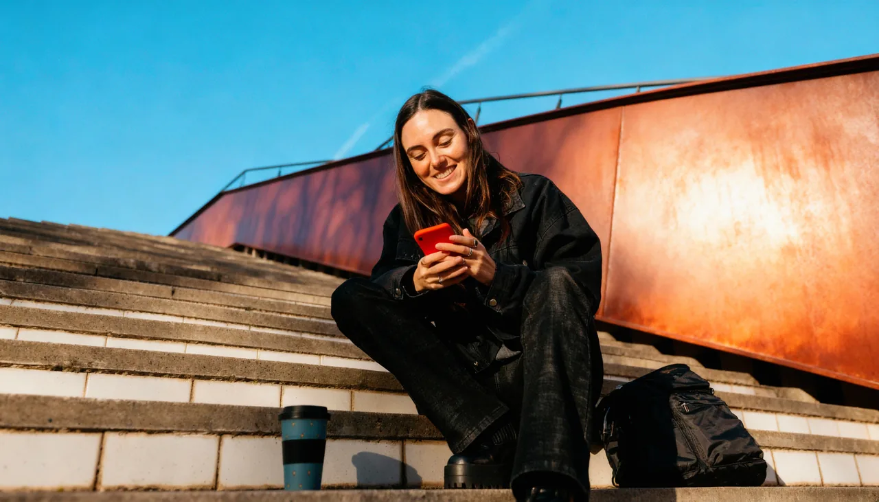 Junge Frau prüft ihr Depot per Smartphone